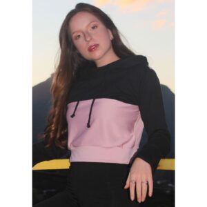 Casaco Feminino Moletom Com Capuz Suplex Rosé e Preto