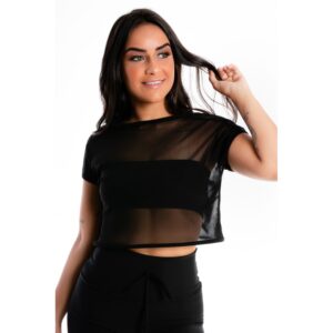 Blusa Cropped Preta Transparente Com Cropped Preto Tomara que Caia