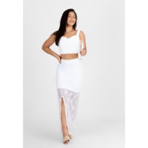 Conjunto Cropped e Saia de Renda com Fenda Lateral