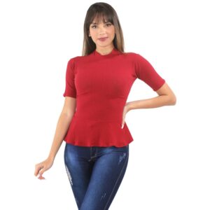 Blusa Regata Tecido Canelado Com Babado Manga 3/4