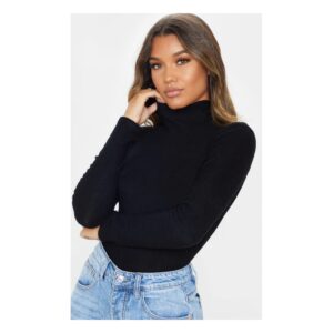 Body Feminino Gola Alta Canelado Manga Longa