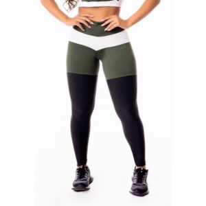 Calça Legging Fitness Academia Preta com Verde Militar e Branco Levanta Bumbum Cintura Alta