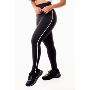 Calça Legging Fitness Academia Preta com Detalhe Lateral em Vivo Branco Cintura Alta