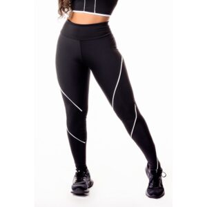 Calça Legging Fitness Academia Preta com Detalhe Lateral em Vivo Branco Cintura Alta