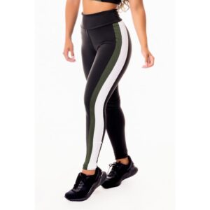 Calça Legging Fitness Academia Preta com Verde Militar e Vivo Branco Cintura Alta