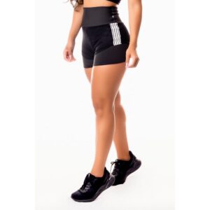 Short Fitness Academia Preto com Tela Dry Fit e Elástico Branco Cintura Alta