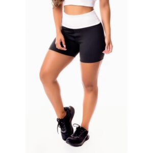 Short Fitness Academia Preto com Branco Cintura Alta