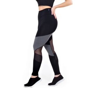 Calça Legging Cintura Alta Assimétrica com Detalhe em Tule e Tela